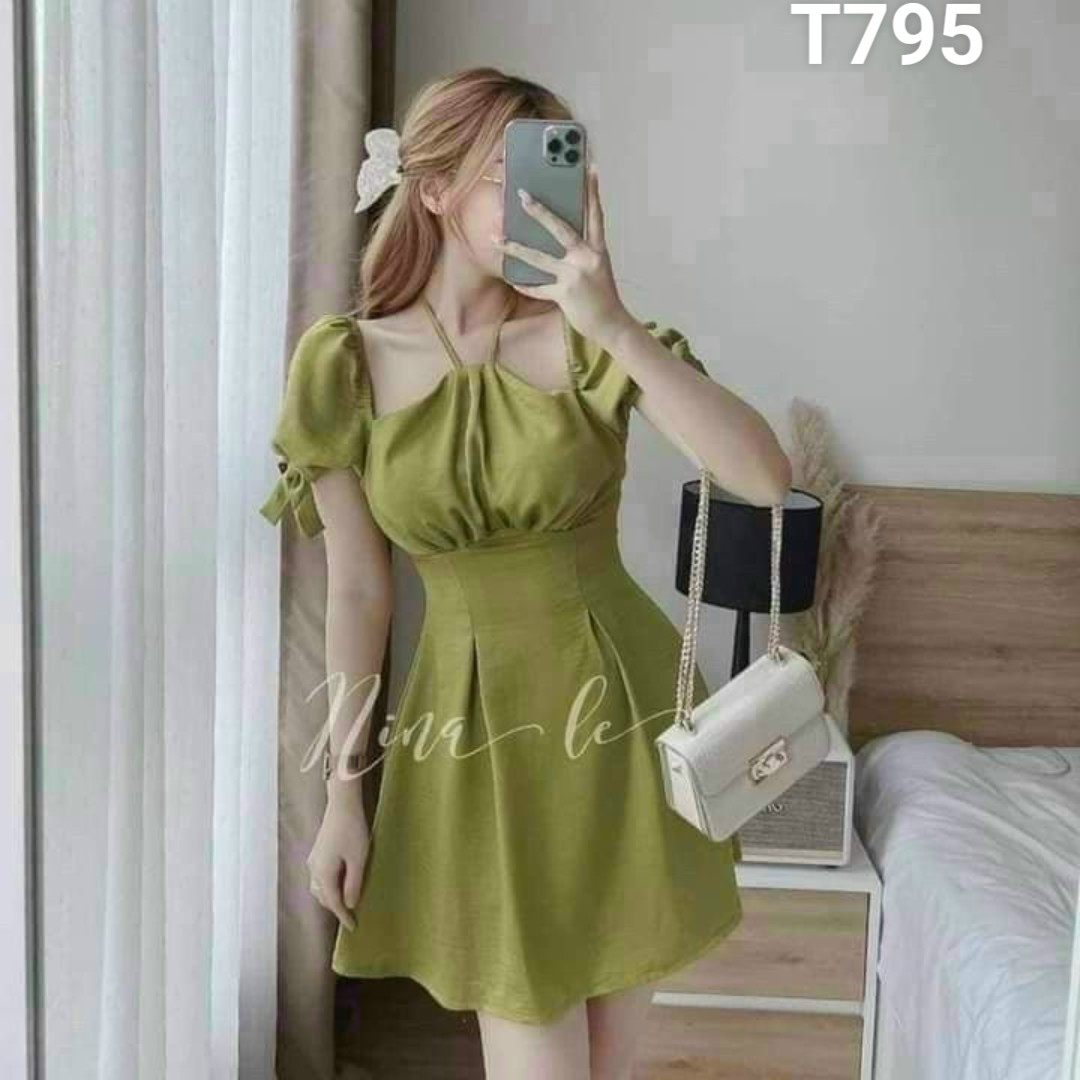 Đầm cổ yếm tay cột nơ dáng xoè dự tiệc dạo phố siêu xinh nhung lụa T795