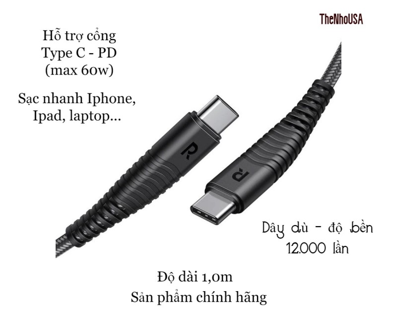 Cáp sạc Type C RAVPower USB C ra USB C 1.0m (RP-CB047)