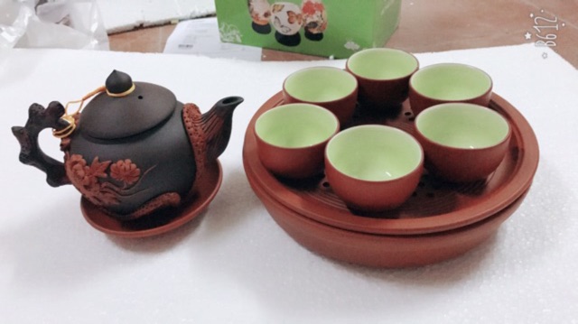 Ấm chén tử sa hoa phù dung đỏ đen Bát Tràng