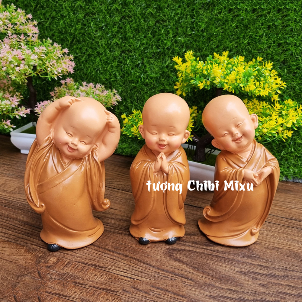 [HCM]Bộ 03 tượng chú tiểu áo nâu - chú tiểu an nhiên mẫu đứng 16.5cm