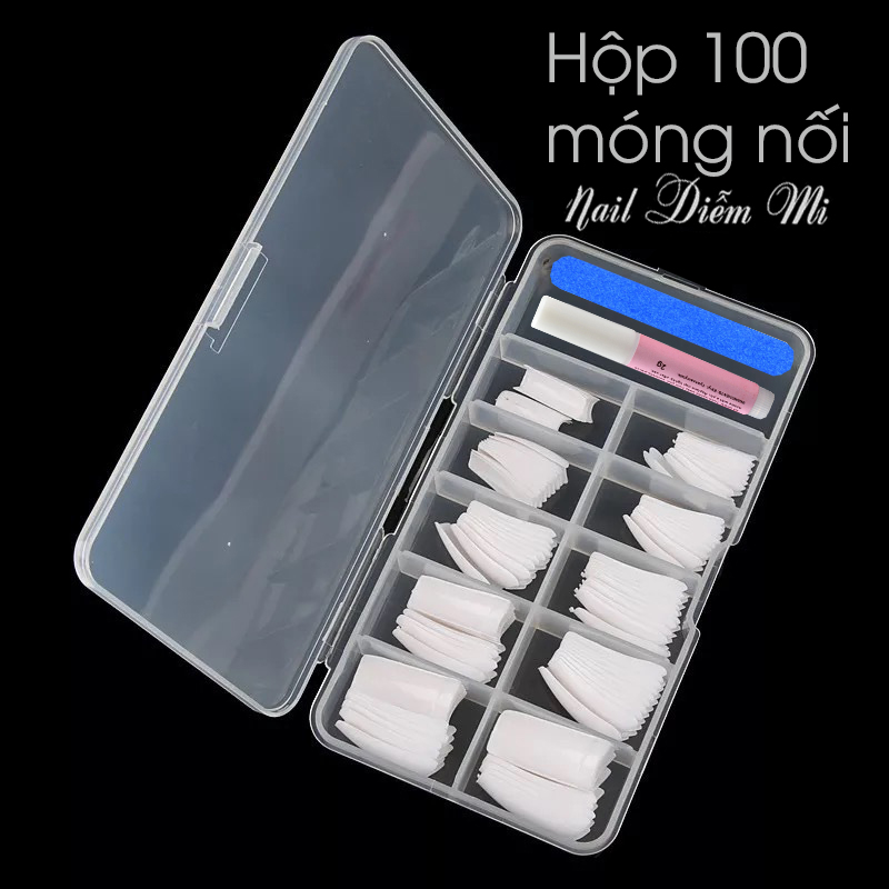 Hộp 100 móng nối dùng đắp móng bột, đắp gel (tặng miếng bông chùi sạch móng )