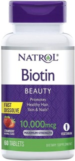 HŨ 60 VIÊN NGẬM Natrol Biotin TỐT CHO DA, MÓNG, TÓC Hair, Skin & Nails, 10,000mcg, VỊ DÂU Strawberry thumbnail