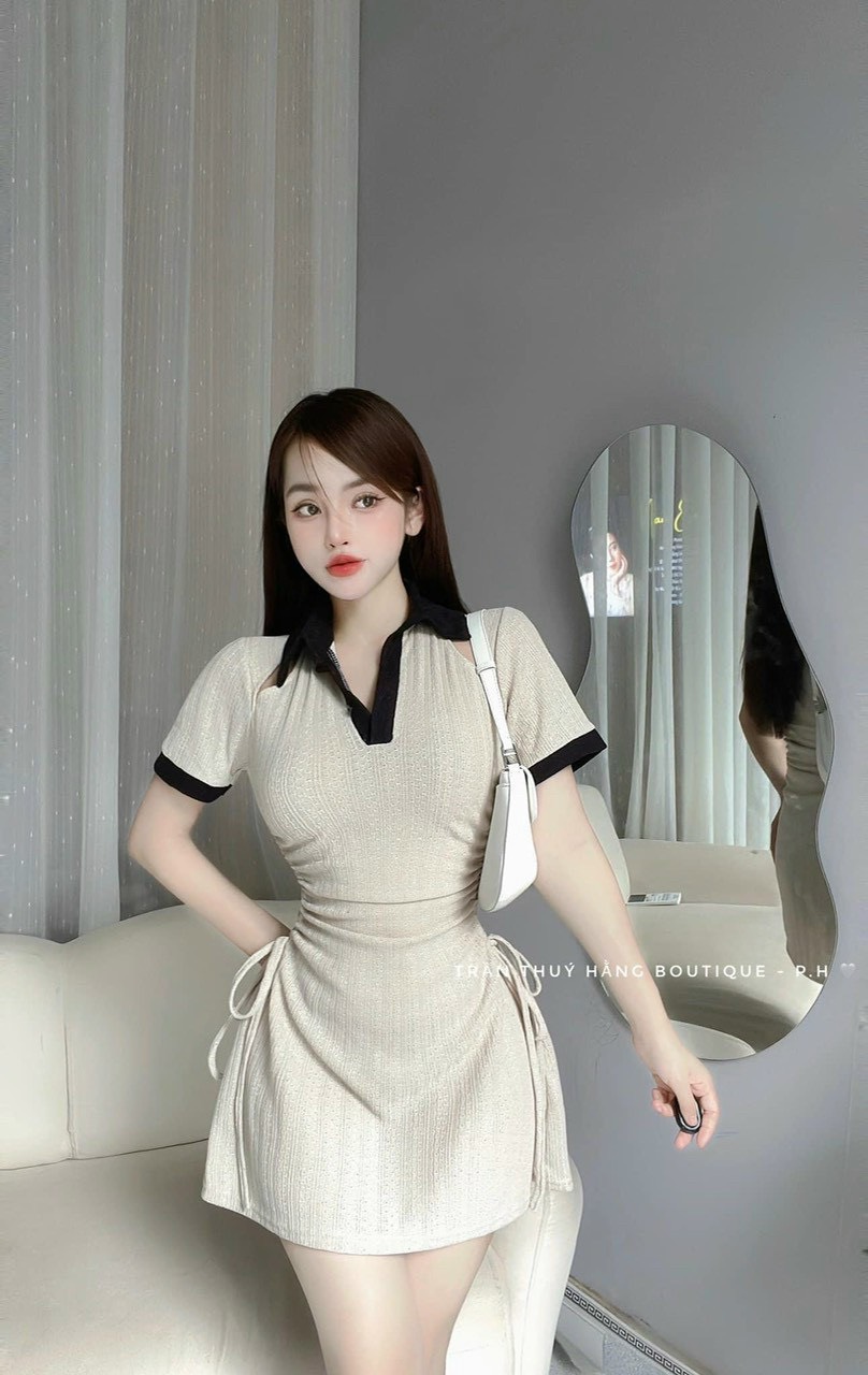 Đầm thun gân body váy polo tay ngắn rút dây eo tôn dáng mặc đi chơi 3 màu cơ bản trắng đen nâu sành điệu