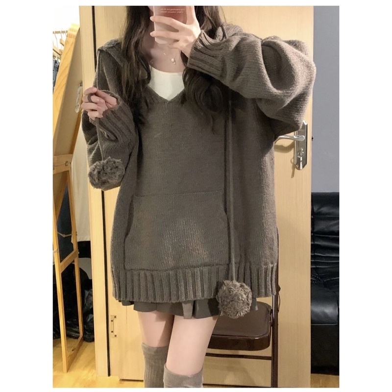 ✔✻ set áo len mũ và chân váy nâu phong cách vintage siêu xinh