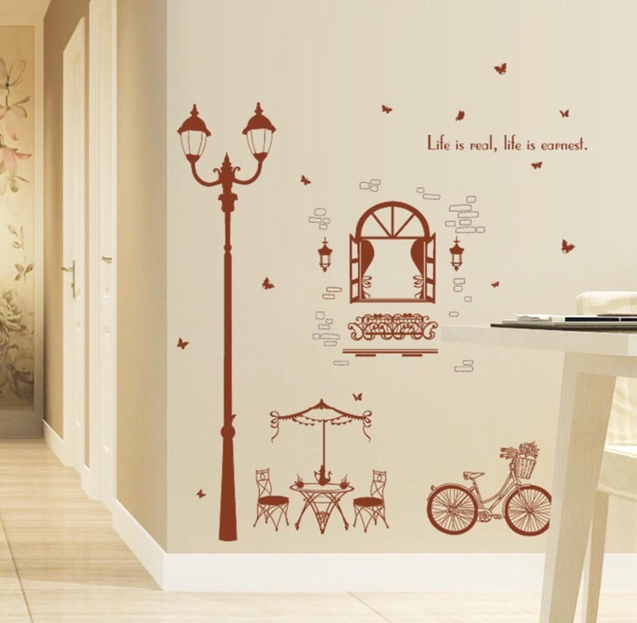 decal dán tường mẫu cột đèn ghế khung cửa sổ