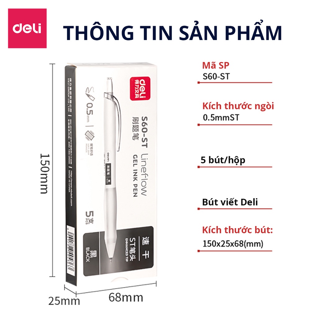 Bút Bi Nước Bút Gel đen Deli vỏ trắng đen mực đen xanh đỏ, Ngòi 0.5mm Dành Cho Văn Phòng, Học Sinh - S60