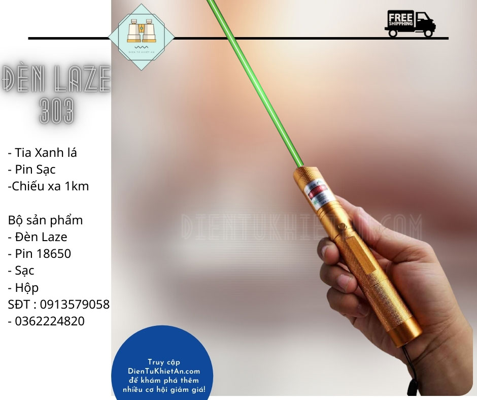 Đèn laser 303 tia xanh lá vỏ vàng chính hãng siêu bền