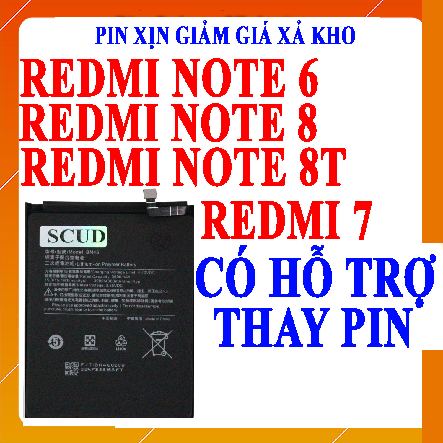 Pin Scud cho Xiaomi Redmi Note 8/Redmi 7/Redmi Note 8T/Redmi Note 6 BN46 dung lượng 4000mAh (Đen)