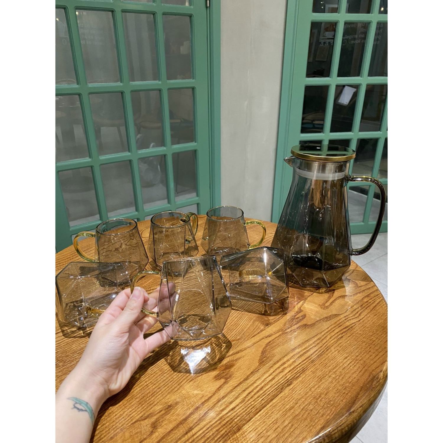 Set 6 Cốc + Bình Thuỷ Tinh Borosilicate Pha Lê Đen 🌸 Sang Trọng Tinh Tế 🌸