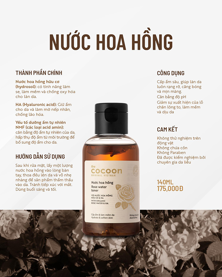 Nước hoa hồng (toner) Cocoon cấp ẩm & làm mềm da 140ml