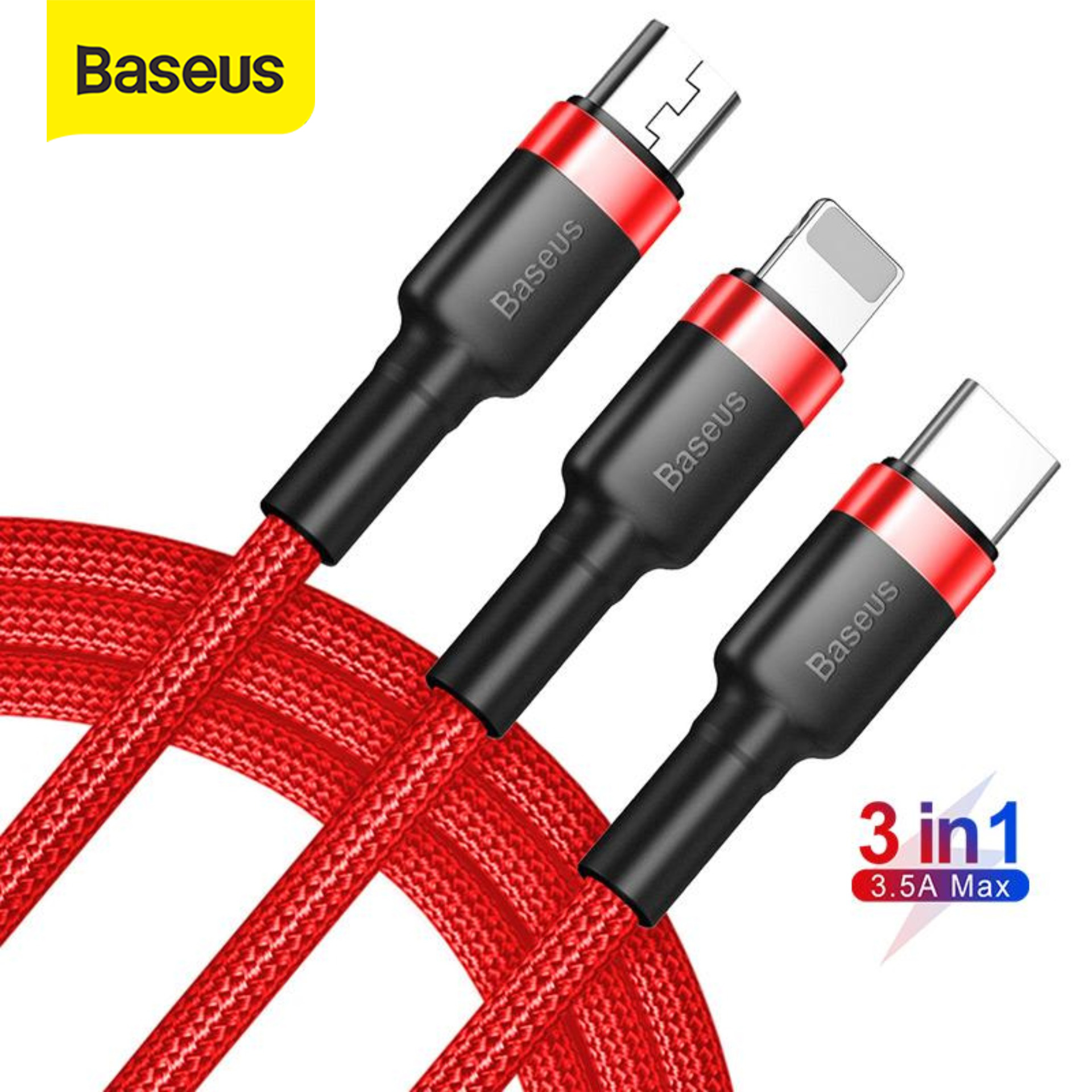 Cáp USB Basesus Kevlar 3 Trong 1 Đầu Sạc Nhiều Cổng USB Type C Sạc Nhanh Cho iPhone XR X Xs Max Samsung S9 S10 Xiaomi