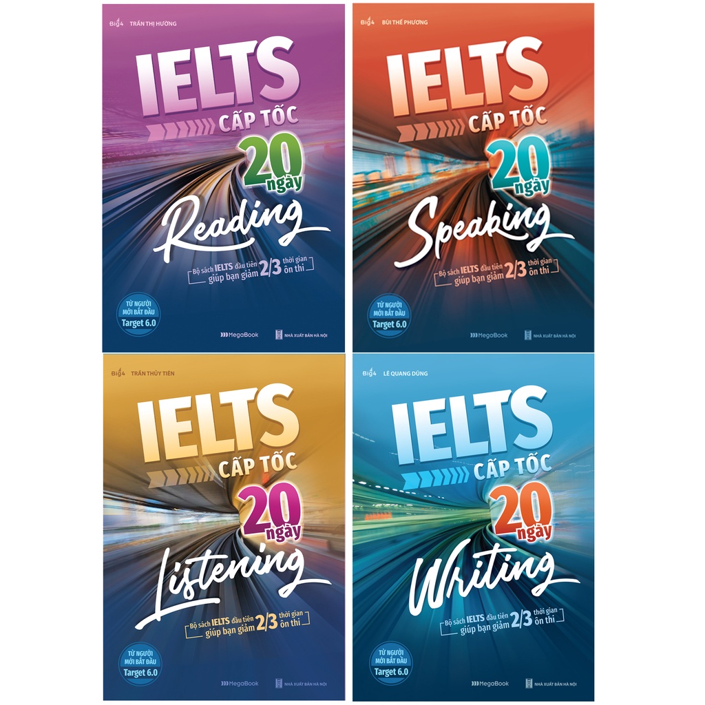 Sách Combo 4 cuốn IELTS cấp tốc 20 ngày Listening, Speaking, Reading, Writing - Megabook