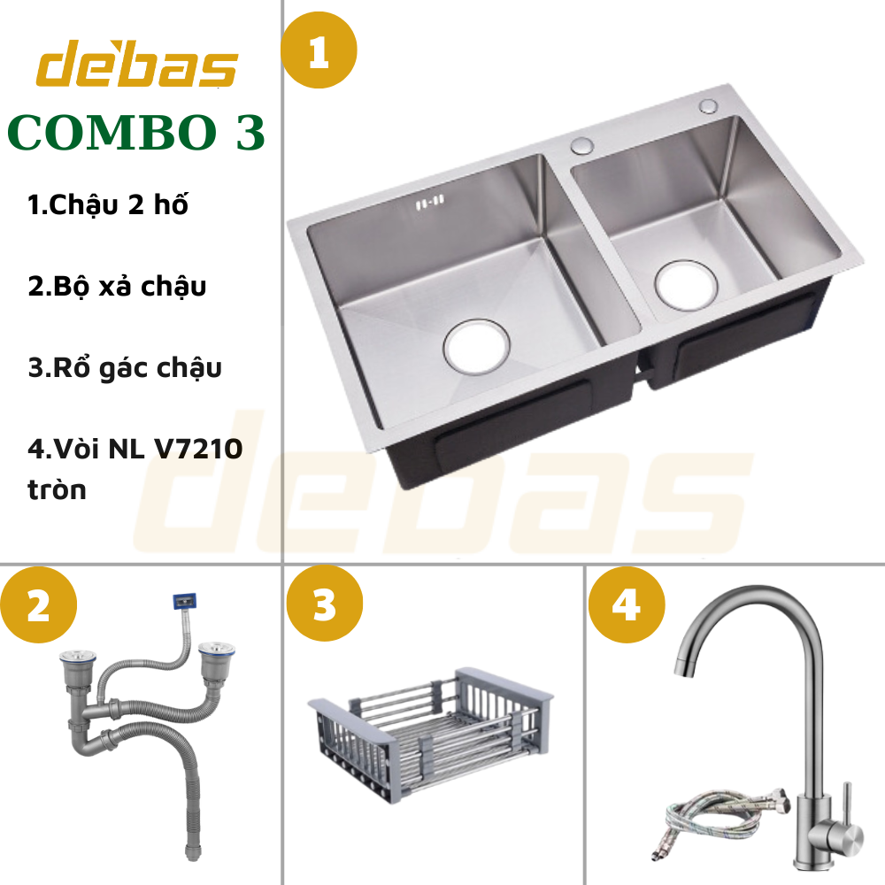 Chậu rửa bát đúc 2 hố lệch inox sus304 bồn rửa chén 2 hộc korea debas 8245 7843 7042