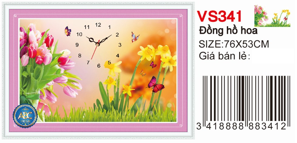 Tranh đính đá đồng hồ Hoa VS341 kích thước 78cm x 55cm