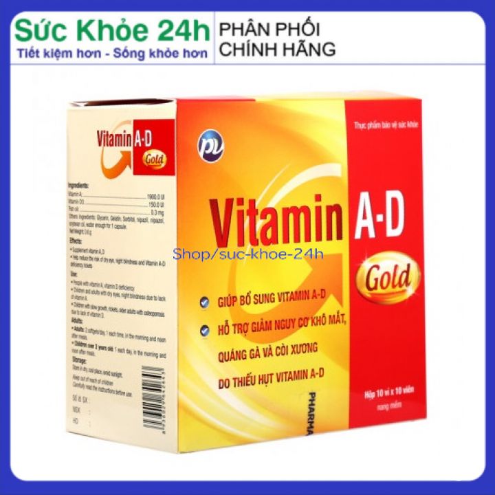 Vitamin A D Gold hỗ trợ giảm nguy cơ khô mắt, quáng gà và còi xương, trẻ em chậm lớn , người cao tuổi loãng xương hộp 100 viên