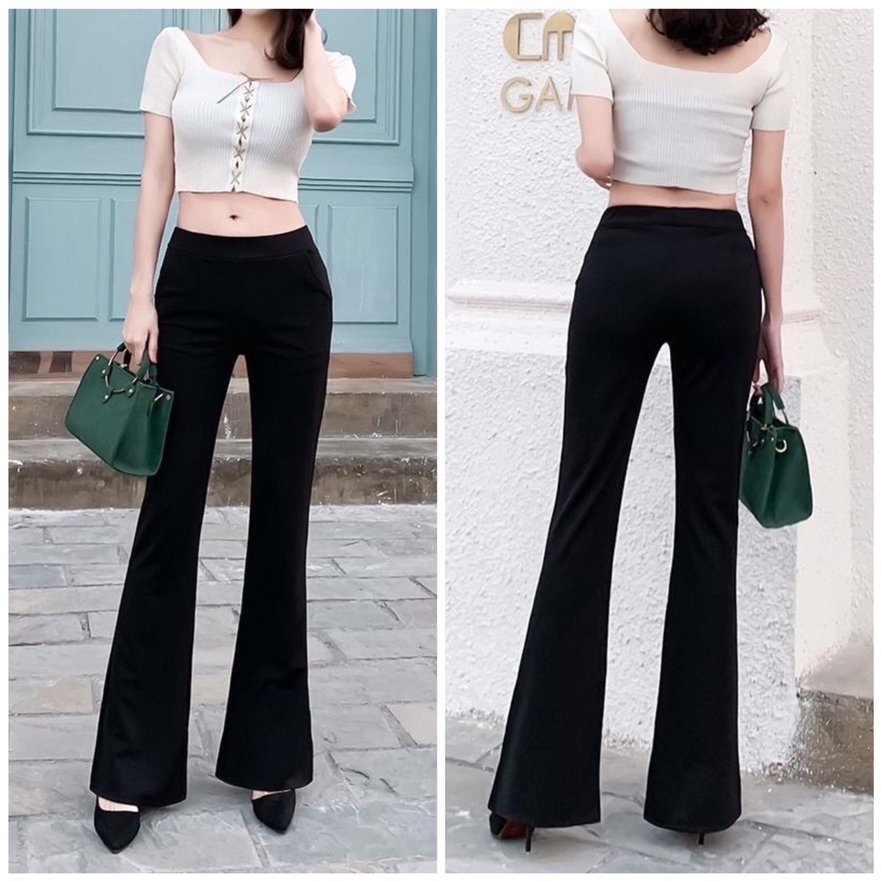 Quần ống bass co giãn, Quần nữ ống loe thun tăm co giãn tốt