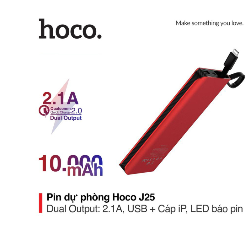 Pin sạc dự phòng Hoco J25 pin 10000mah tích hợp cáp Lightning , đèn Led hiển thị cho iPhone/iPad
