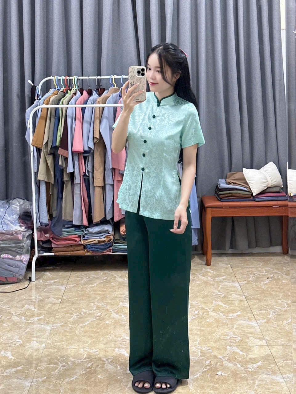 Đồ Lam Đi Chùa # Lụa Hoa Tay Phồng# Quần Áo Nữ