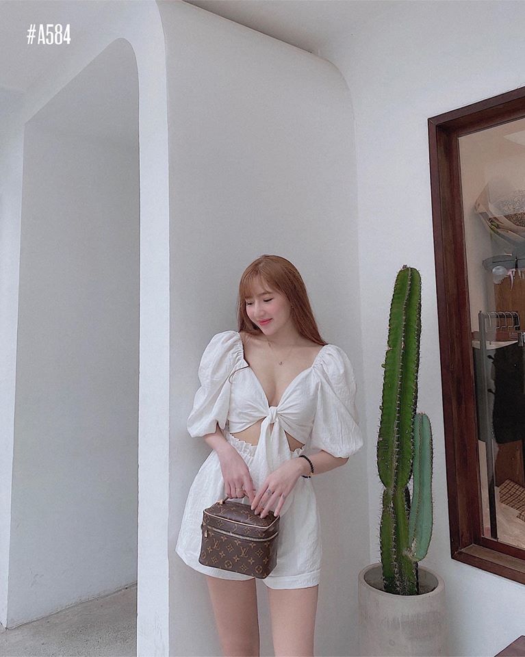 Set croptop short cột nơ tay phồng