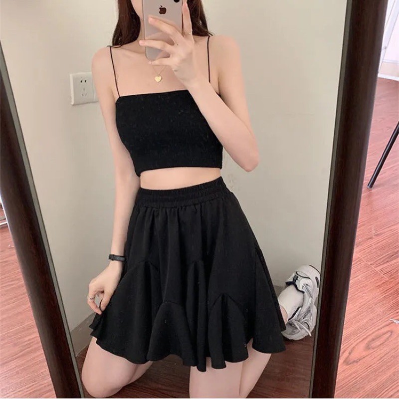 Áo 2 dây croptop đen trơn (Có ảnh thật) Freesize
