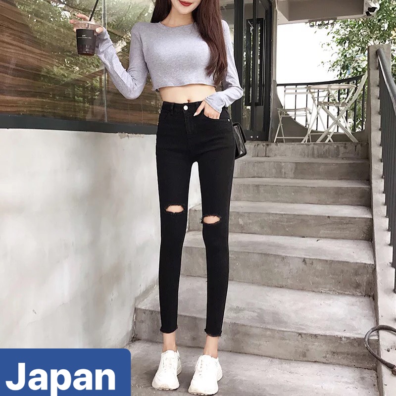 QUẦN JEAN NỮ CHẤT BÒ ĐEN RÁCH GỐI HÈ THU SIÊU CO GIÃN HOT TREND LƯNG CAO NÂNG MÔNG NHẬT BẢN 2023 JP-19 JAPAN FASHION