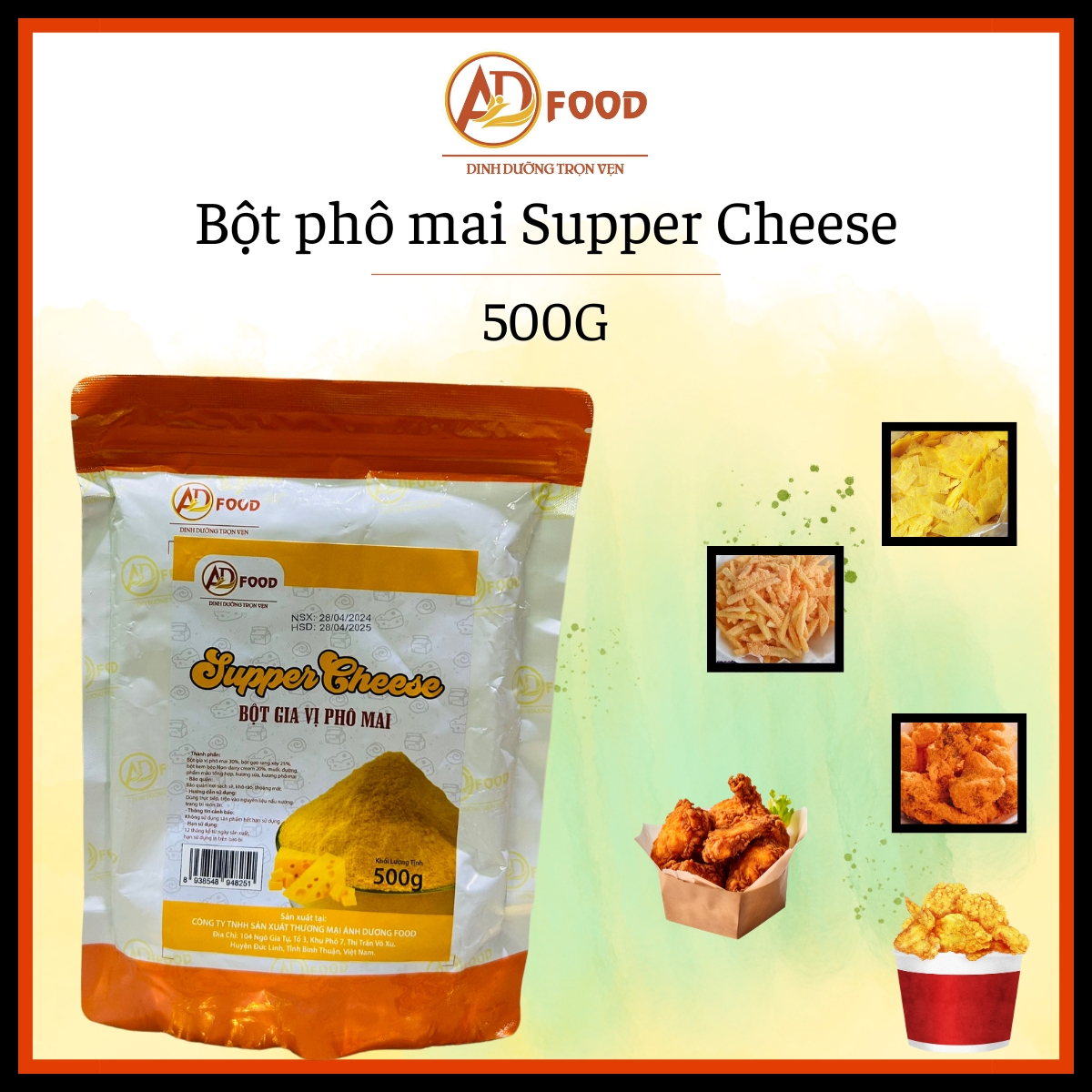 Gói 500g Bột phô mai Supper Cheese màu vàng siêu tiện lơi, hương vị bột phô mai đặc trưng đậm vị thơm ngon