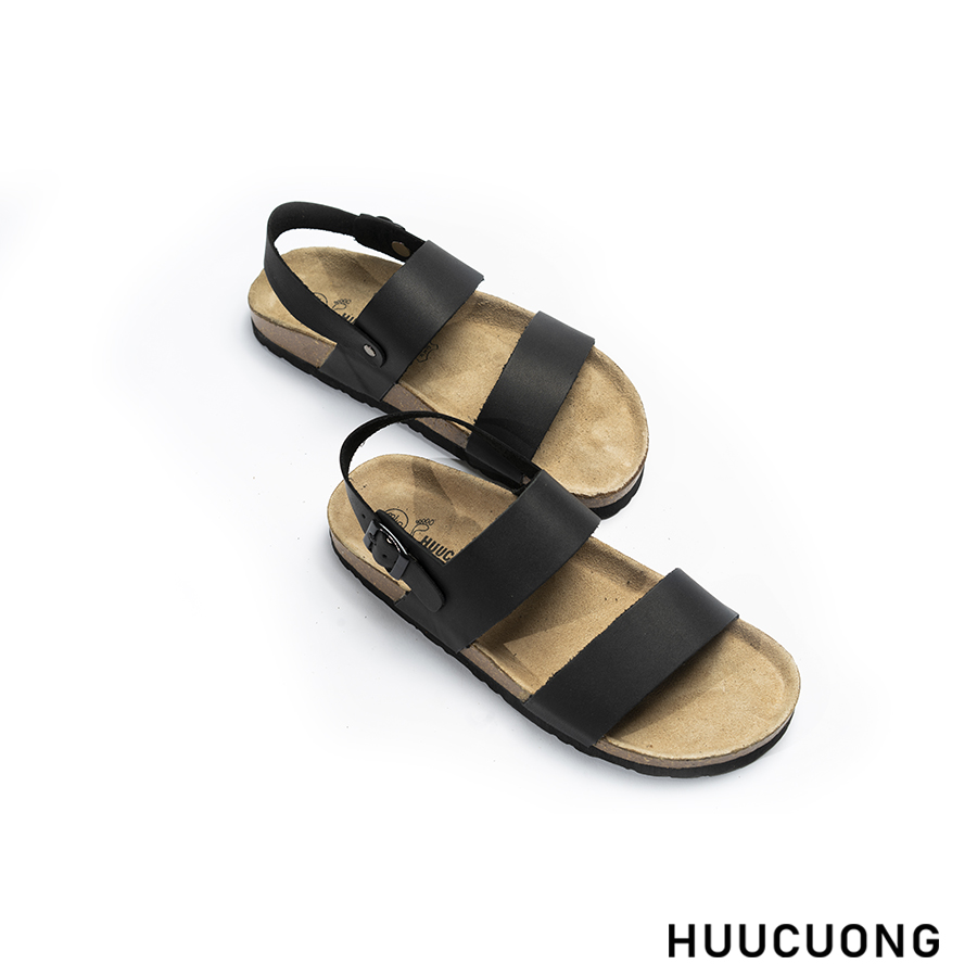 Giày Sandal Unisex 2 quai da bò đen đế trấu