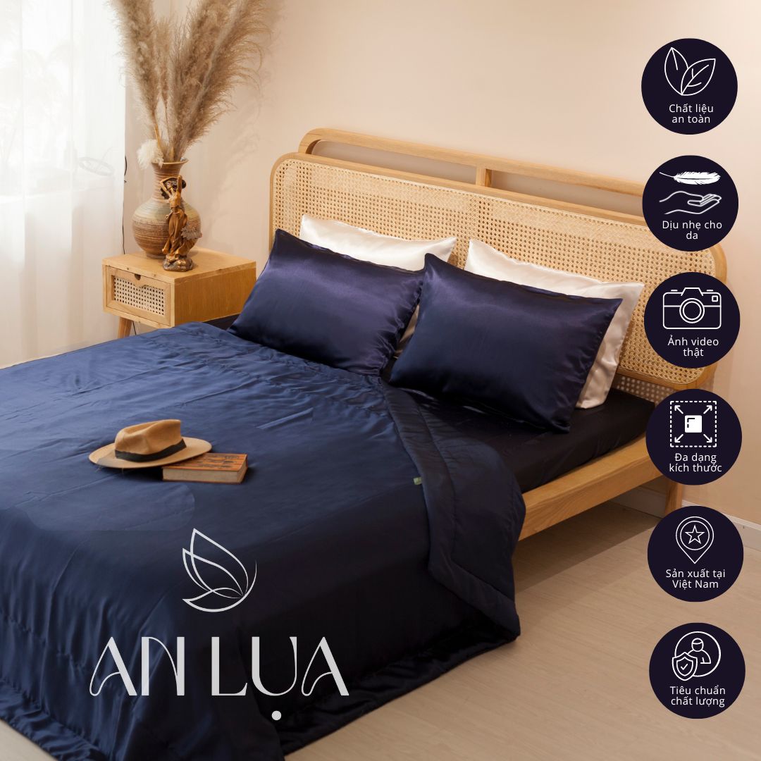 Bộ chăn drap 5 món An Lụa vải lụa mịn mát và thân thiện cho da - Xanh đen