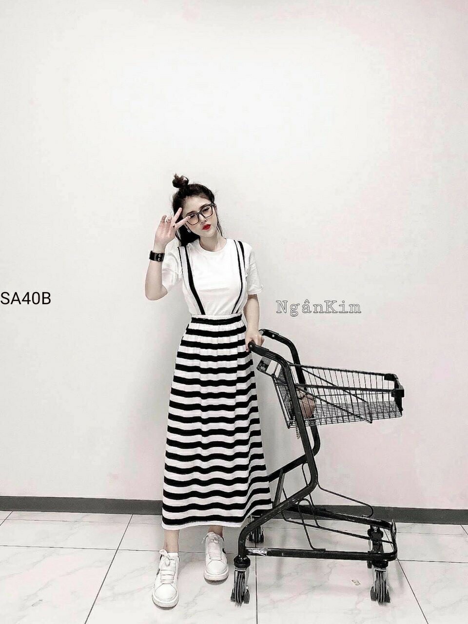 Sét yếm dài đầm sọc ngang phong cách TTSA0270