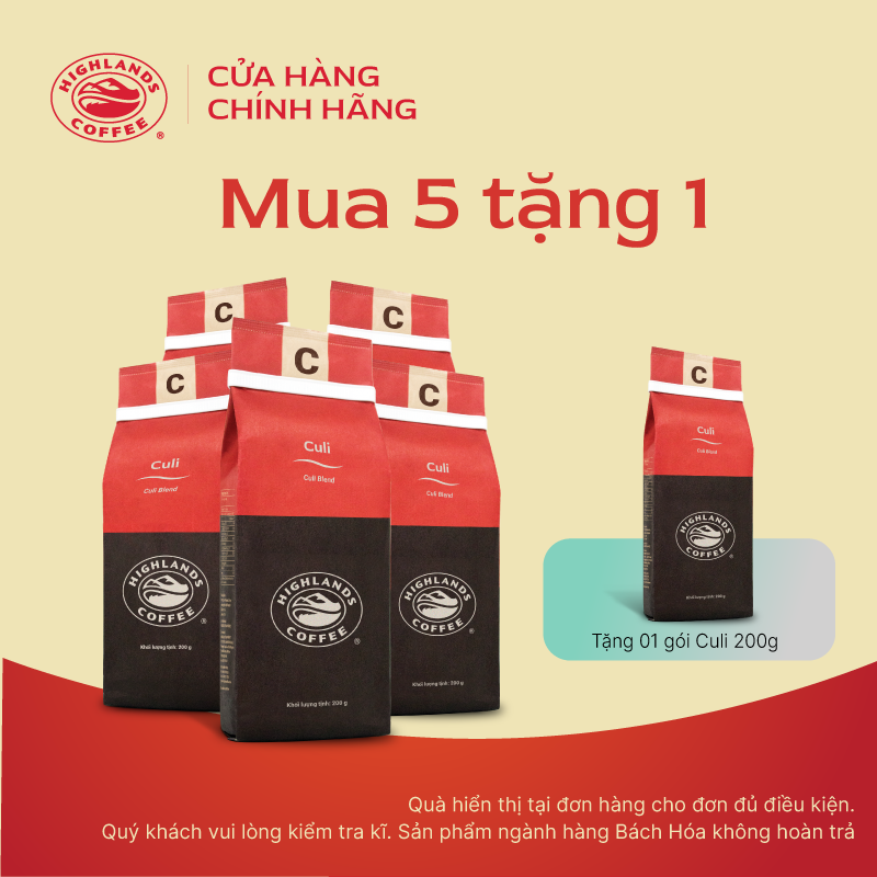 [Hot Deal: Buy 5 Packs and Get 1 Pack of Moka 200g for Free] Combo of 5 Culi Highlands Coffee 200g Roasted and Ground Coffee. Gifts (Within the Limited Quantity Range) Are Shown in the Shopping Cart.
