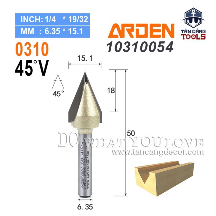 Mũi Router Arden Đánh Rãnh V 45/60 Độ Cốt 6.35 mm