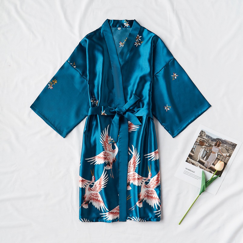 LAXIÁo choàng ngủ lụa satin cao cấp áo choàng kimono in hình chim hạc