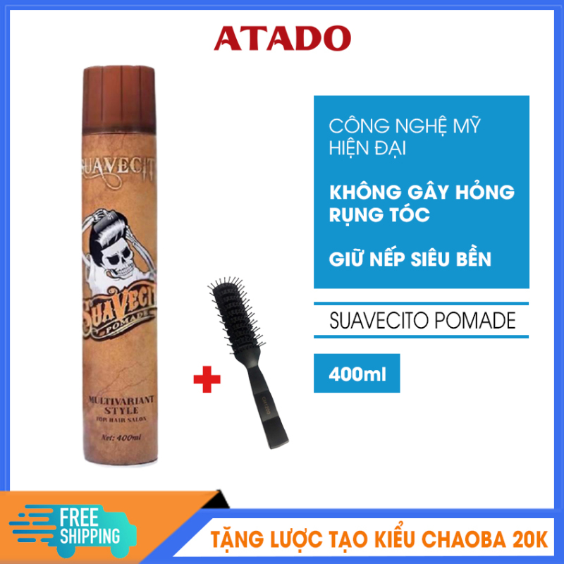 [Có Video Review] Gôm xịt tóc nam Suavecito 400ml ATADO - Keo vuốt tóc công nghệ Mỹ, giữ nếp 8h, đem lại mái tóc bồng bềnh chắc khỏe - Tặng lược tạo kiểu Chaoba 20k giá rẻ
