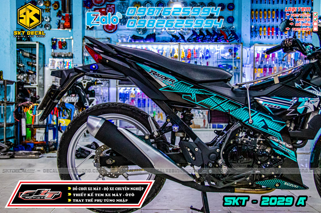 tem rời xe raider 150 đen xanh king drag