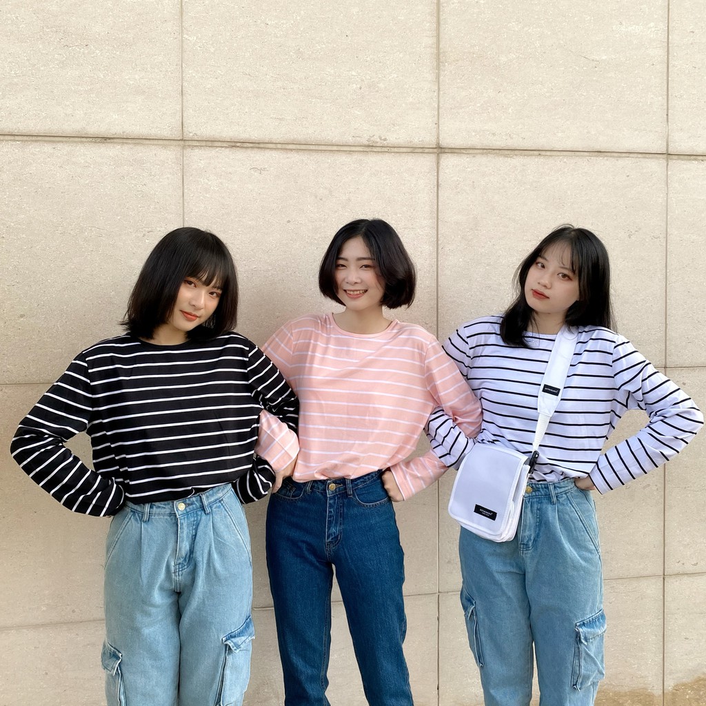 Usthebasic - Áo thun unisex tay dài kẻ sọc Basic Stripe Long Sleeves Tee