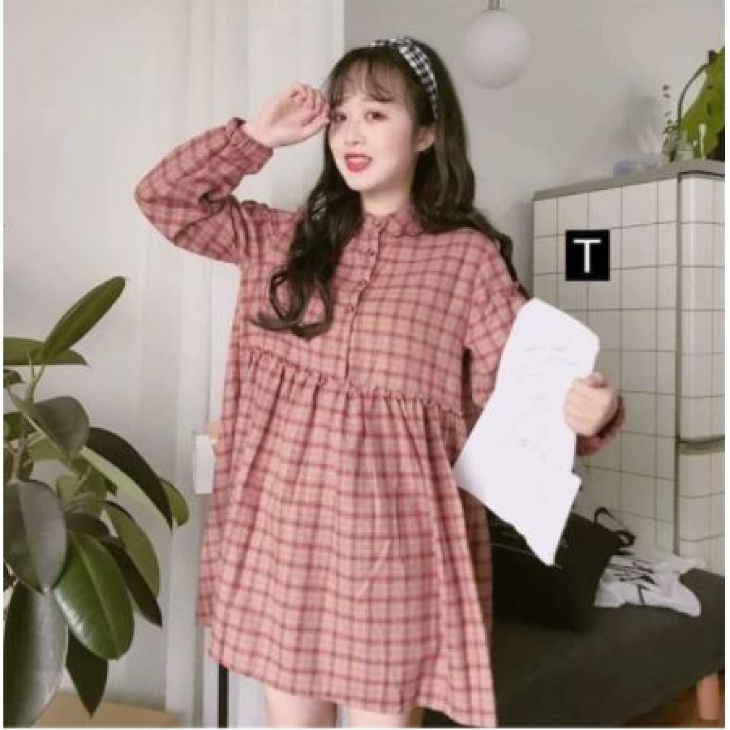 Đầm sơ mi cổ đứng caro