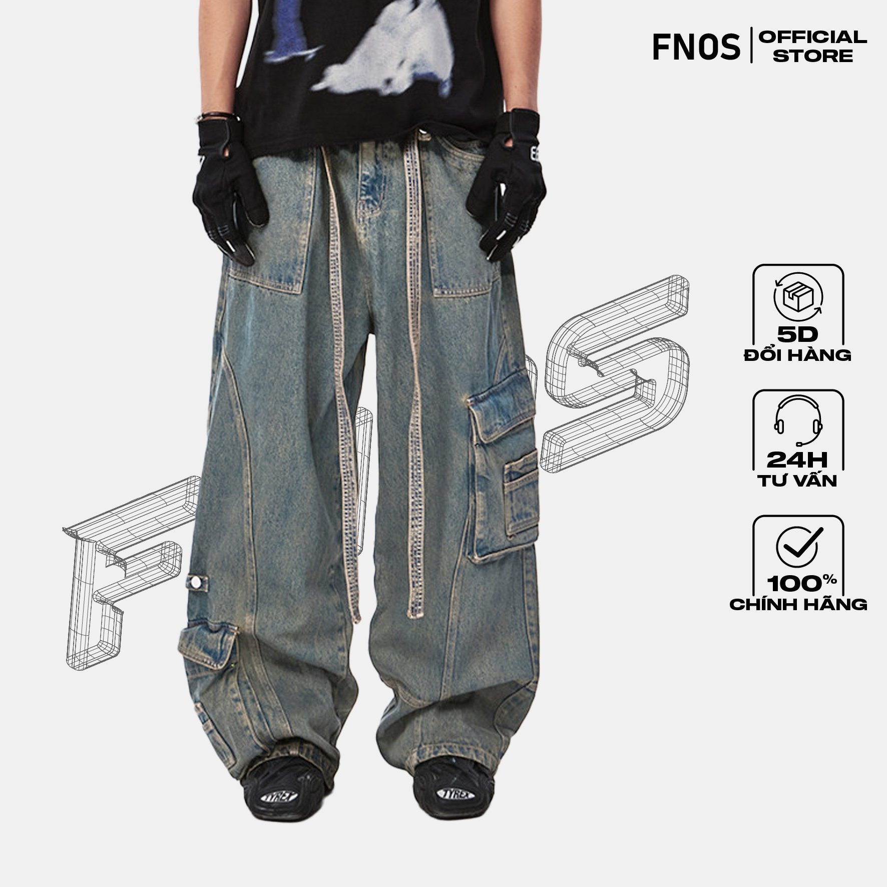Quần jeans nam dáng rộng fnos streetwear 'vida estatica' cargo jeans blue stone erg11 - local brand chính hãng