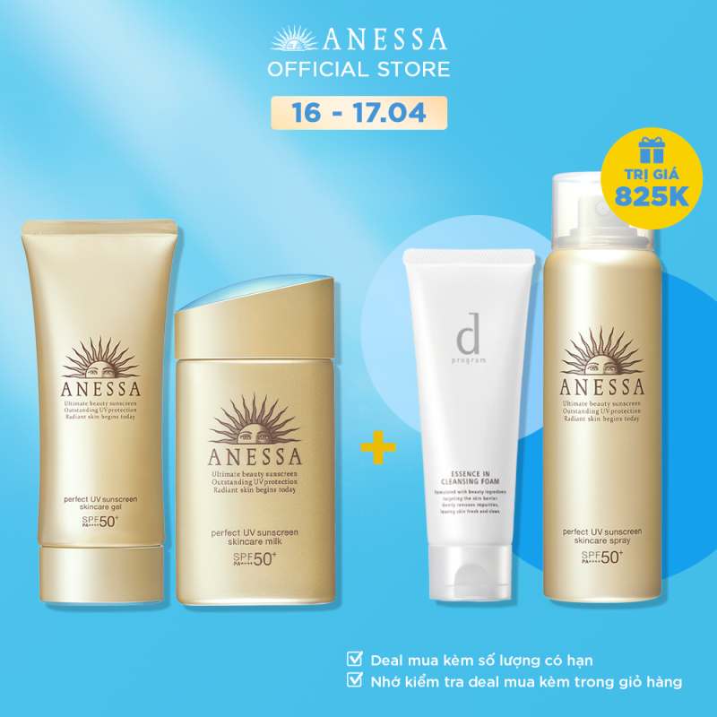 [MUA 1 TẶNG 2] Bộ kem chống nắng Anessa dưỡng da và bảo vệ hoàn hảo cho da mặt, toàn thân và tóc ( ANESSA PUV Skincare Gel 90g SPF 50+ PA++++, Spray 60g SPF 50+ PA++++, Gold Milk SPF 50 PA++++ )