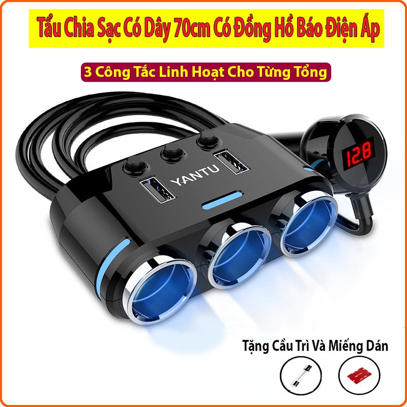 Bộ chia tẩu sạc ô tô, xe hơi HY-32 hiển thị điện áp ắc quy, tích hợp 2 cổng USB, điện áp 3.1A (Màu đen)