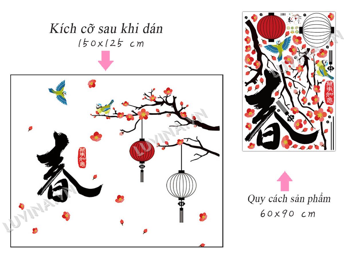 [HCM]DECAL DÁN TƯỜNG TẾT CÀNH ĐÀO TREO ĐÈN LỒNG TRẮNG ĐỎ