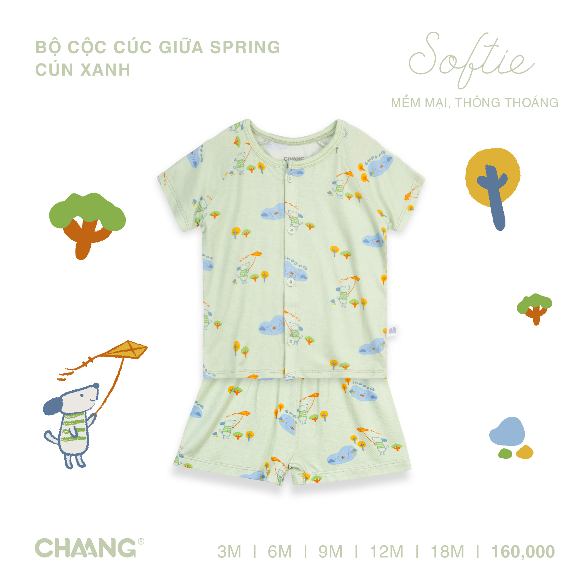 [CHAANG] Bộ quần áo cộc cúc giữa Spring cún xanh