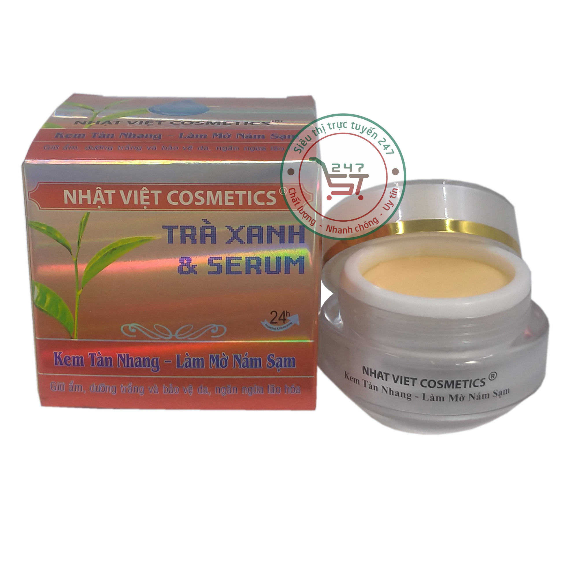 Kem Nám Tàn nhang mờ Sạm ngừa Lão hóa Trà xanh Serum Nhật Việt 13g (Hồng-Bạc)