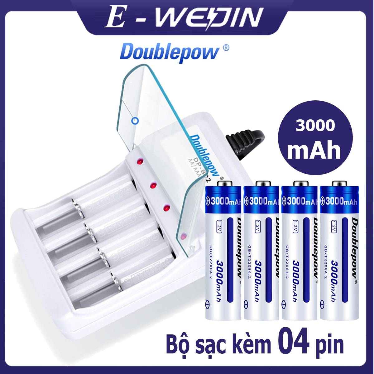 Combo Bộ sạc pin tiểu AA, AAA Doublepow B02 và 4 viên pin tiểu AA 3000mah 1200mAh 800mAh sạc lại cùng hãng (có nhiều sự lựa chọn)