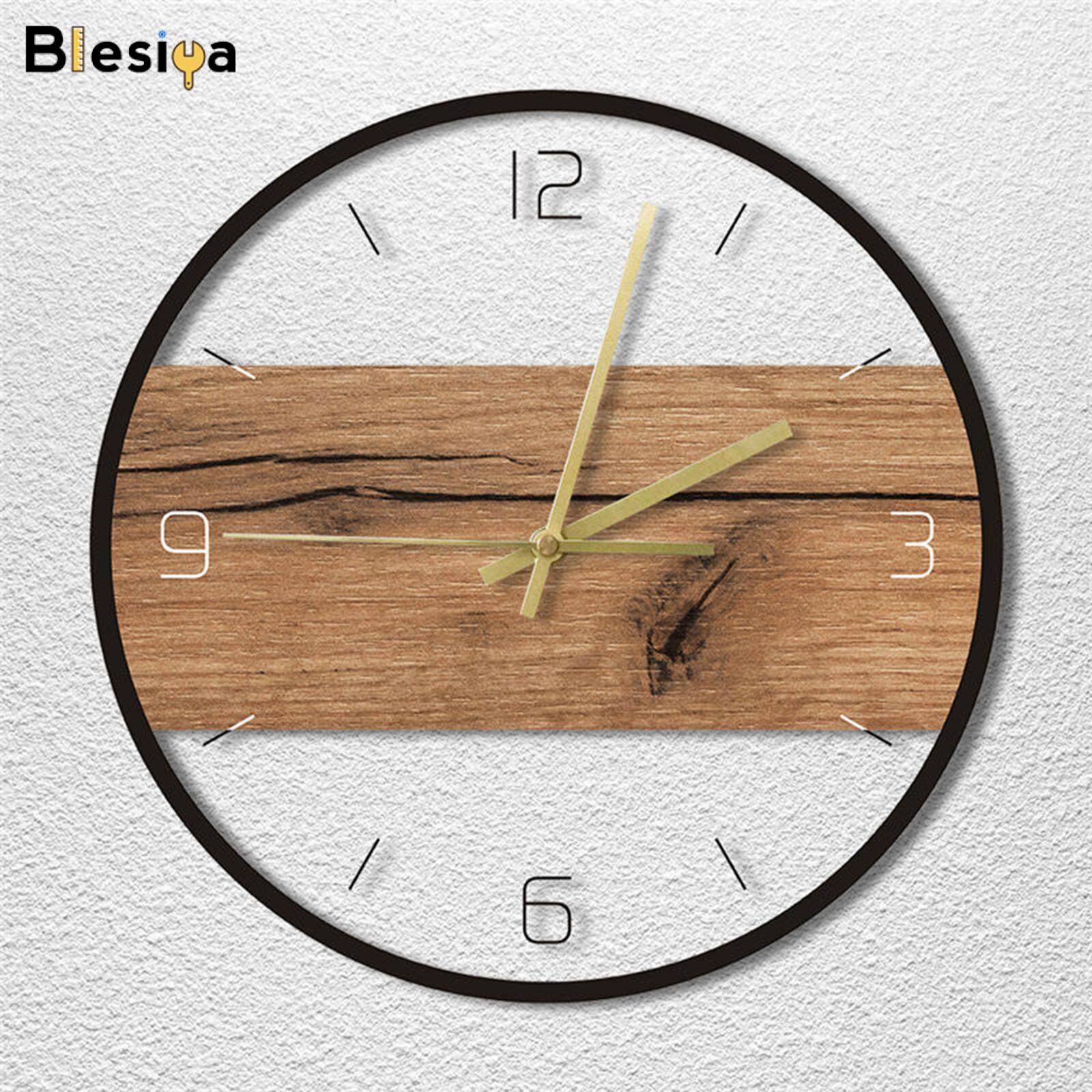 Blesiya Nordic Wall Clock Wood Texture 12'' Round Silent Non Ticking for Home Decor