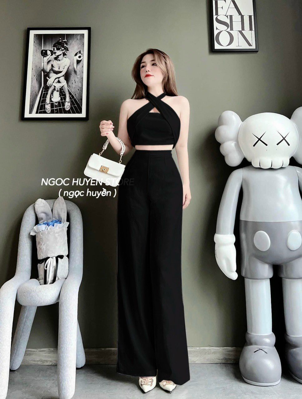 Sét áo crop cổ yếm đắp chéo mix quần suông dài kiểu dáng nữ tính