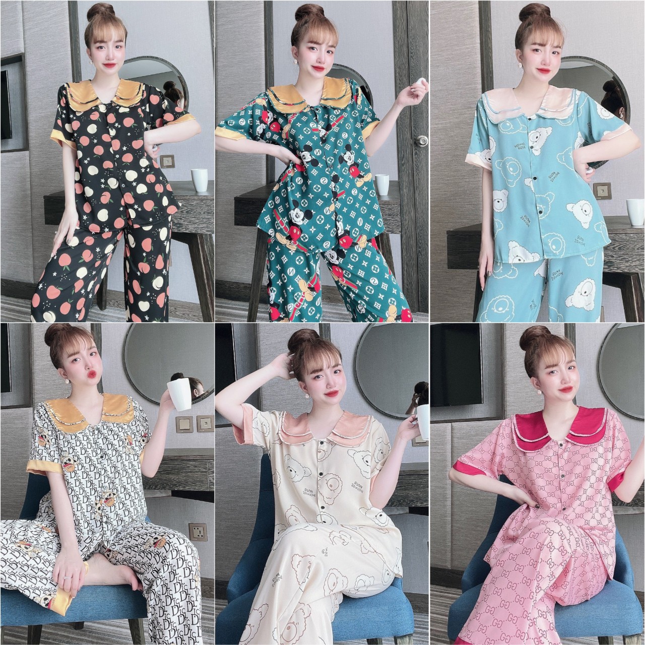 Đồ Ngủ Bộ Lụa Gấm Cổ Sen Mặc Nhà Bigsize 50-100kg