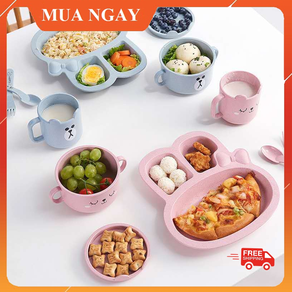 (Tặng Thìa Và Dĩa )Khay Ăn Dặm Lúa Mạch Chia Ngăn Hình Thỏ  KIDOTA