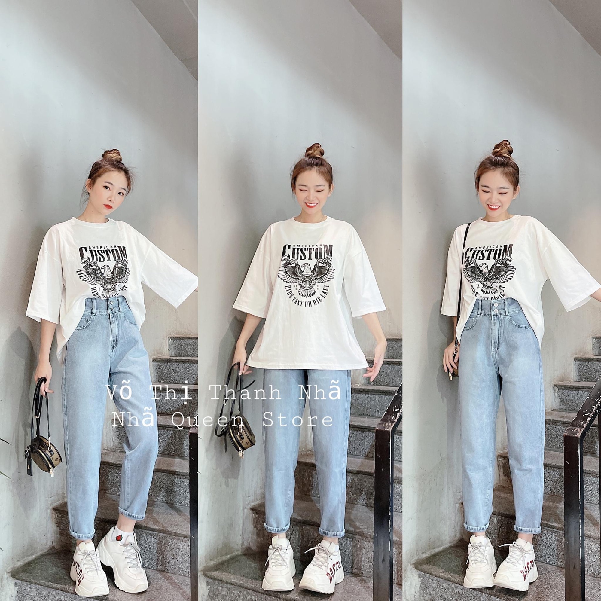Set Baggy Jeans 2 Nút + Tshirt Custom