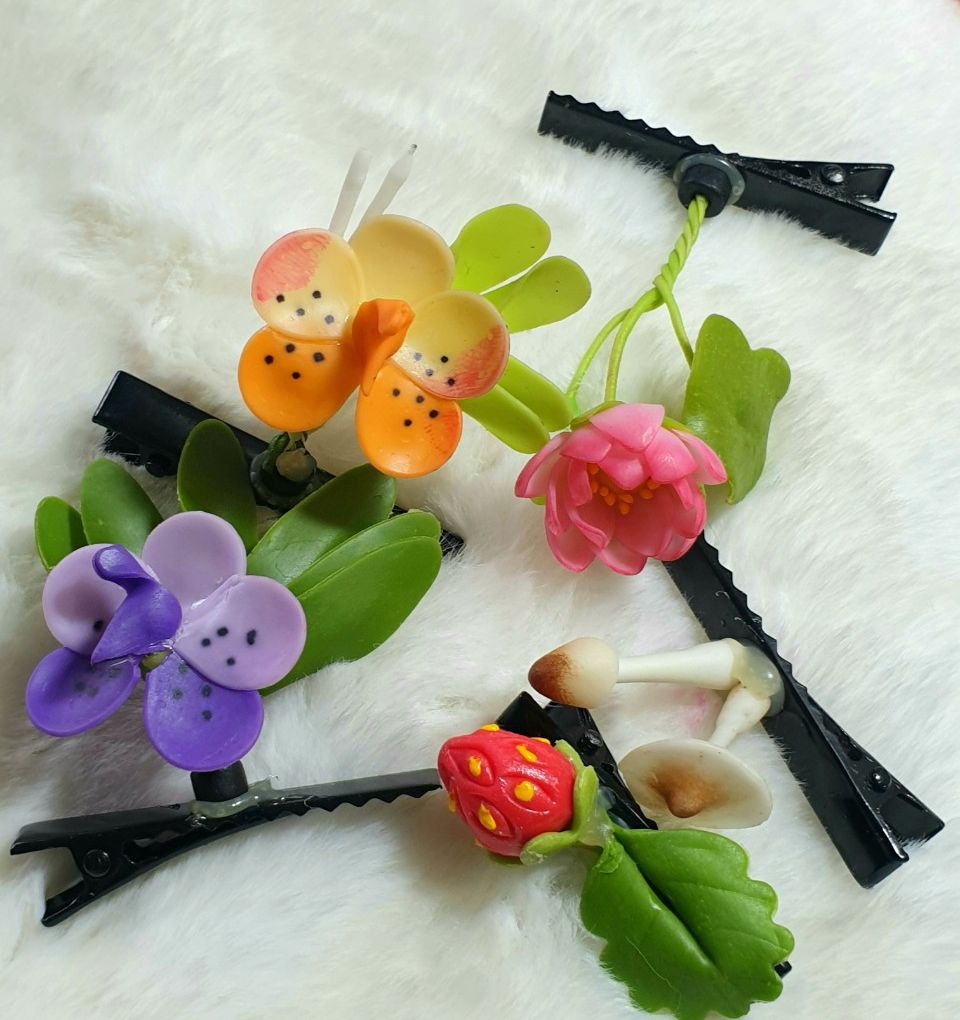 Kẹp tóc hanmade từ đất set hình hoa thiên nhiên đáng yêu
