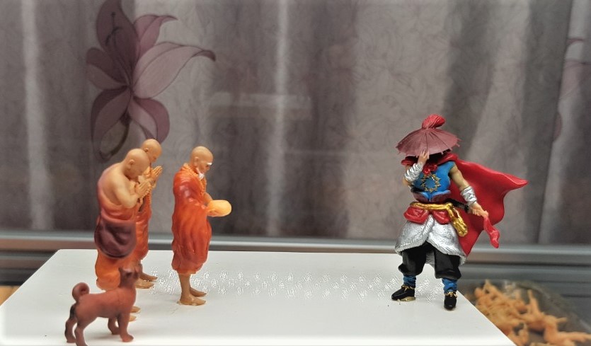 3 vị Thiền sư bái Phật và Thiền sư khất thực , tượng mini 4,8cm trang trí mô hình tiểu cảnh.